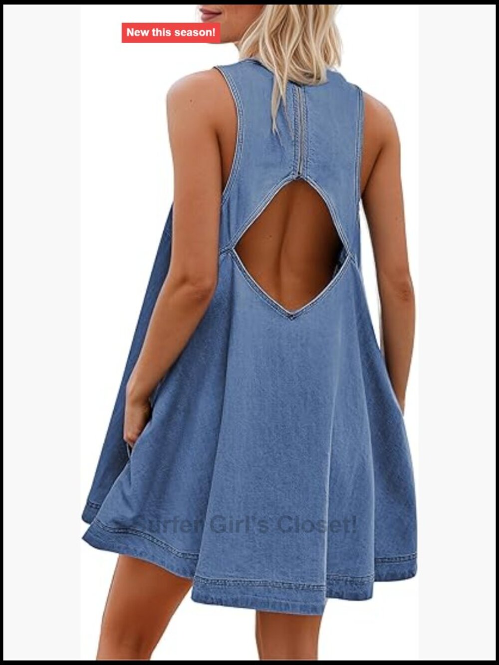 Sleeveless Denim Babydoll Mini Dress Cutout Back A-Line Flowy with Pockets - Picture 1 of 7
